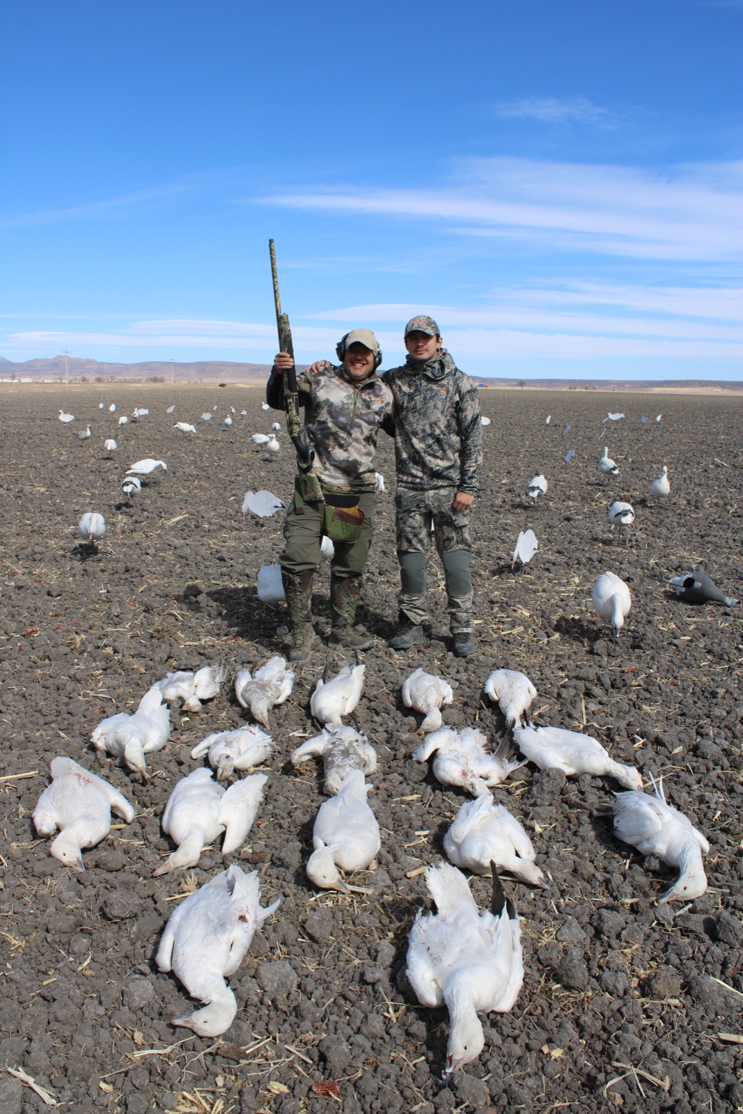 Five hunters with snow geese limit, Chihuahua, vertical composition